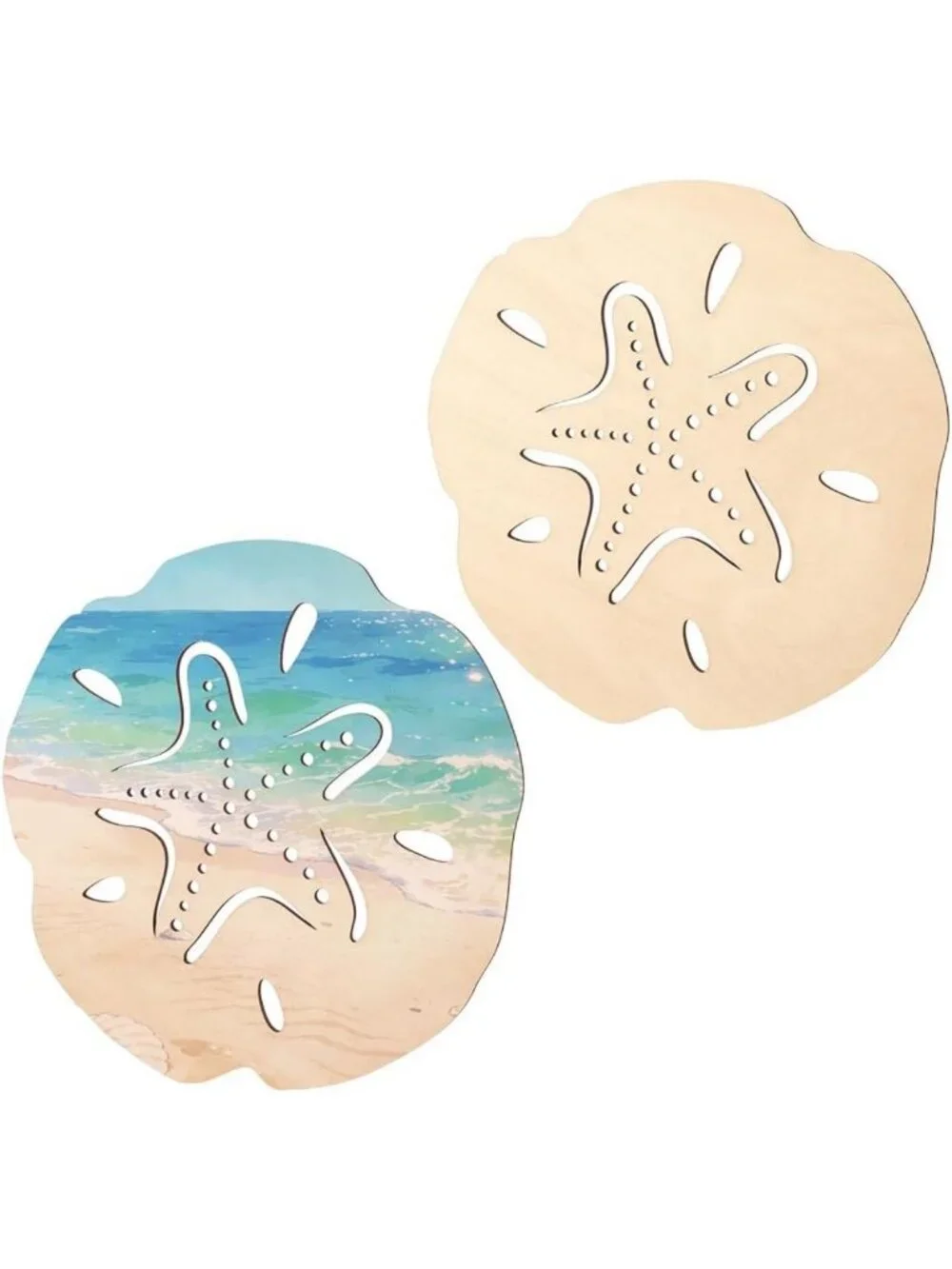Coastal Beach Wall Art Set - 2 Pcs Wood Sand Dollar & Starfish Decor, Easy Hang